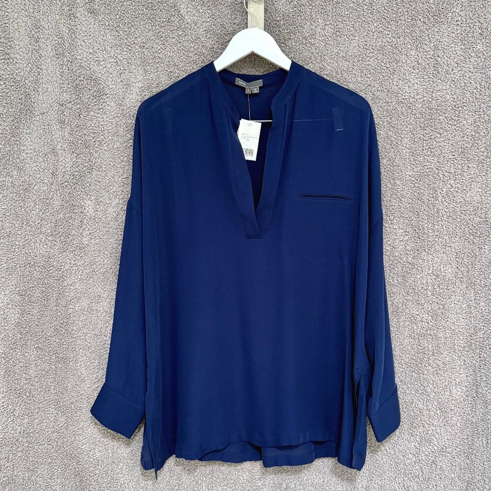 Vince Half Placket pocket long sleeved silk top / tunic Sapphire Blue Large